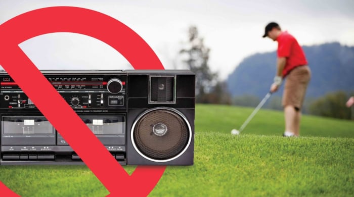 An illustration for a story about banning music on the golf course.